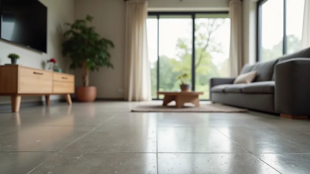 Bright living room with a seamless microcement floor and warm neutral walls.